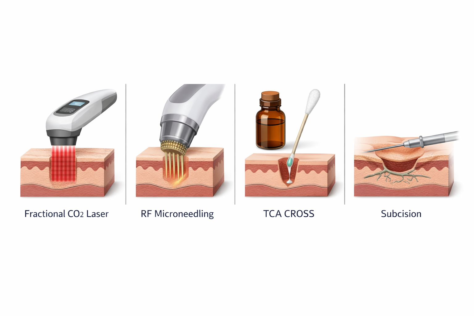 Comparison panel of four acne scar treatments: fractional CO2 laser, RF microneedling, TCA CROSS