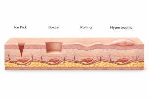 Illustrated cross-section of skin showing ice pick, boxcar, rolling and hypertrophic acne scar types