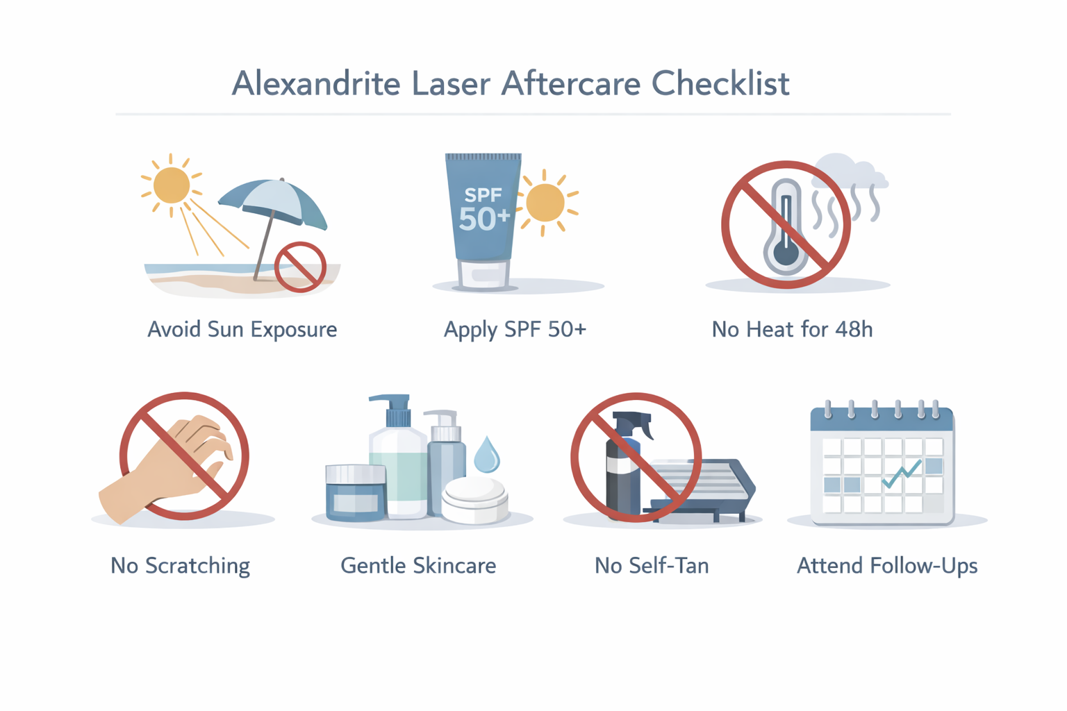 Alexandrite laser aftercare checklist infographic showing sun protection and recovery steps