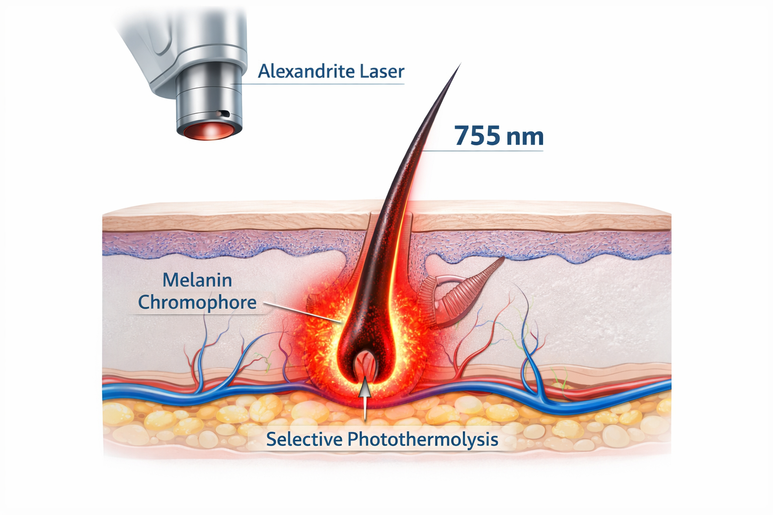 Alexandrite laser 755nm wavelength targeting hair follicle via selective photothermolysis