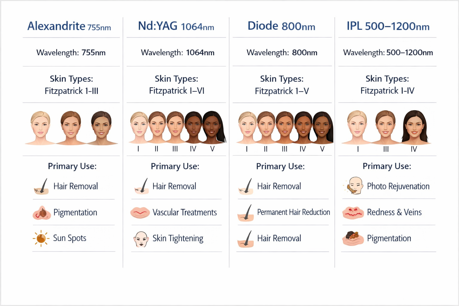 Comparison chart of alexandrite, Nd:YAG, diode laser, and IPL by wavelength and skin type