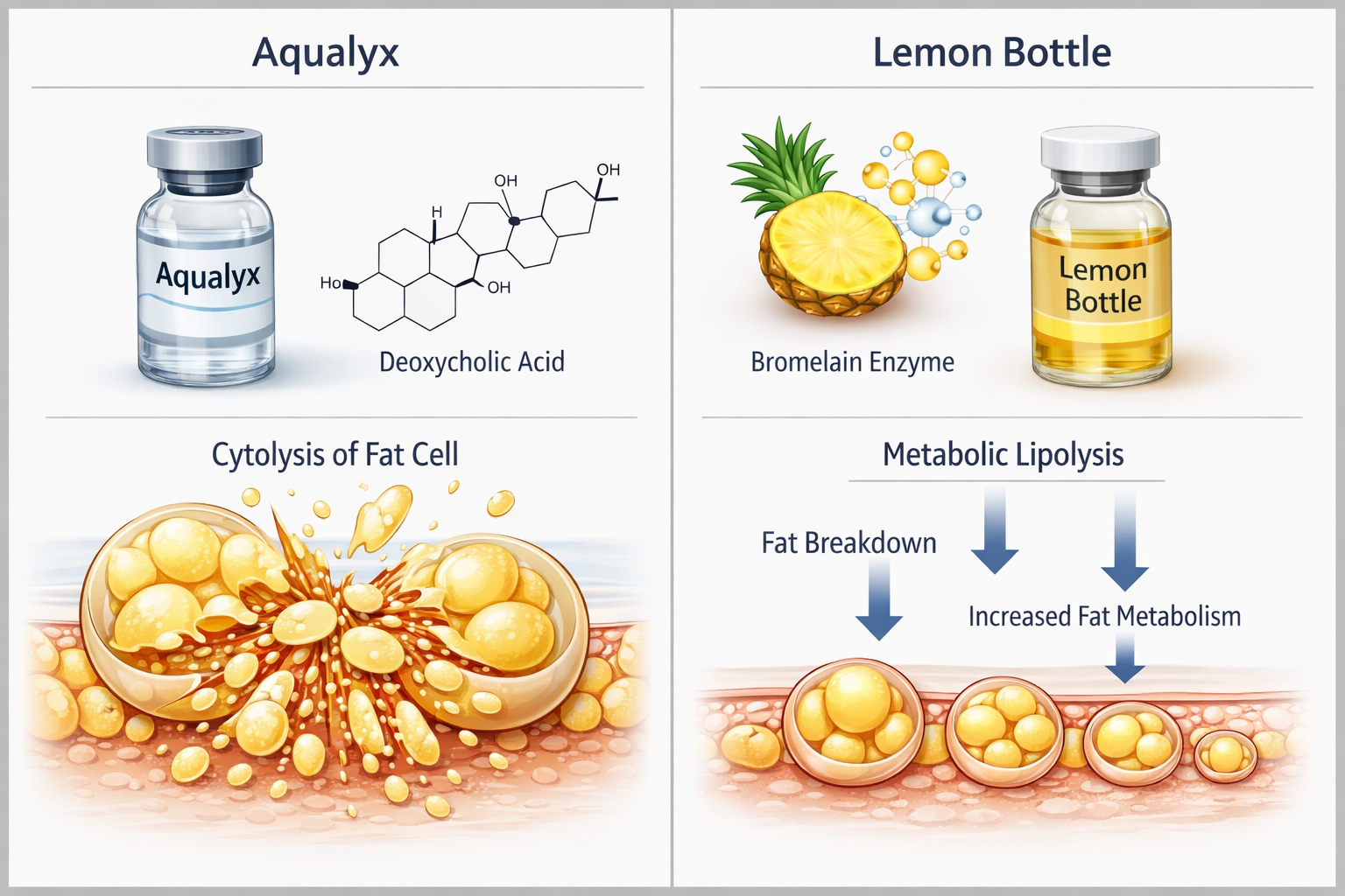 Aqualyx vs Lemon Bottle fat-dissolving injections side-by-side comparison illustration
