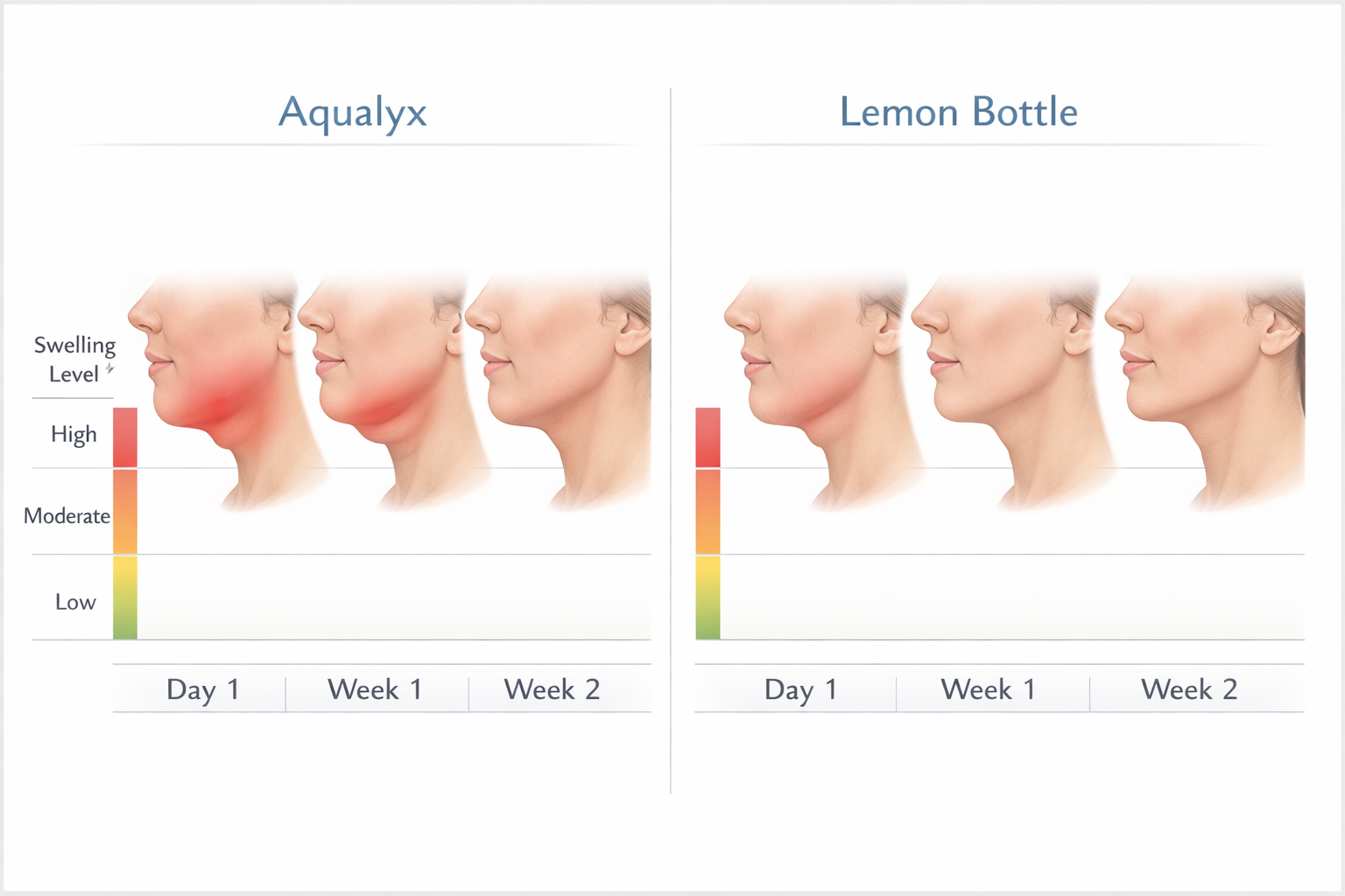 Side-by-side recovery and swelling timeline comparison for Aqualyx and Lemon Bottle treatments