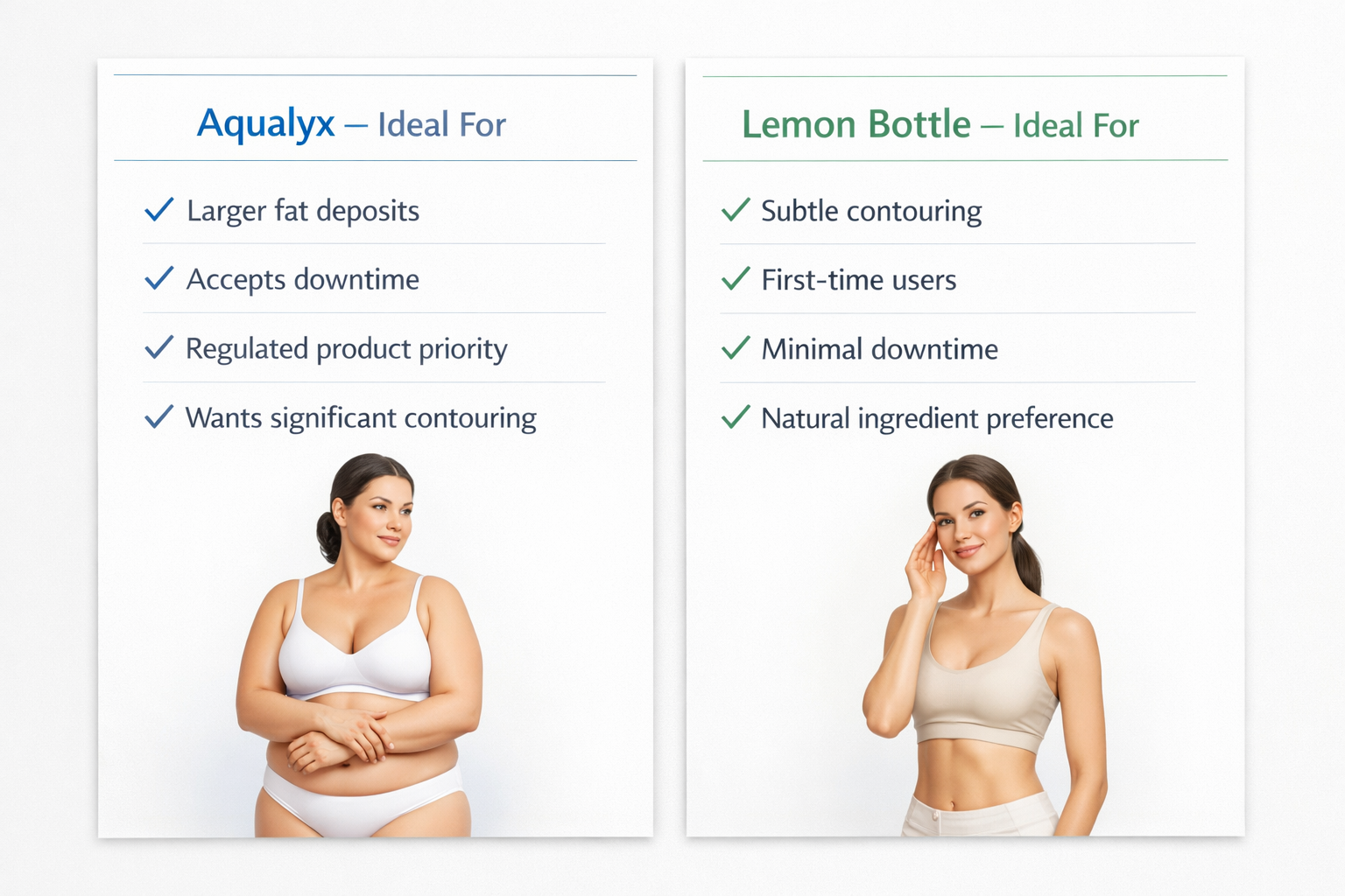 Patient profile cards comparing ideal candidates for Aqualyx versus Lemon Bottle fat-dissolving