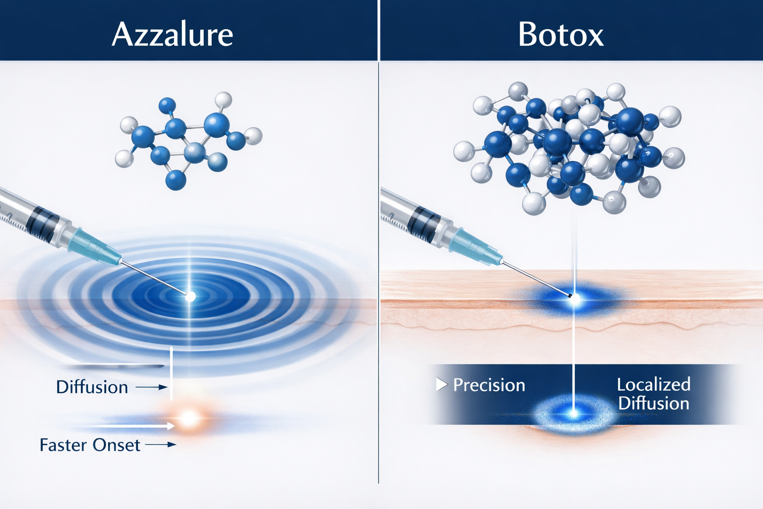 Azzalure vs Botox comparison illustration showing diffusion and molecular differences