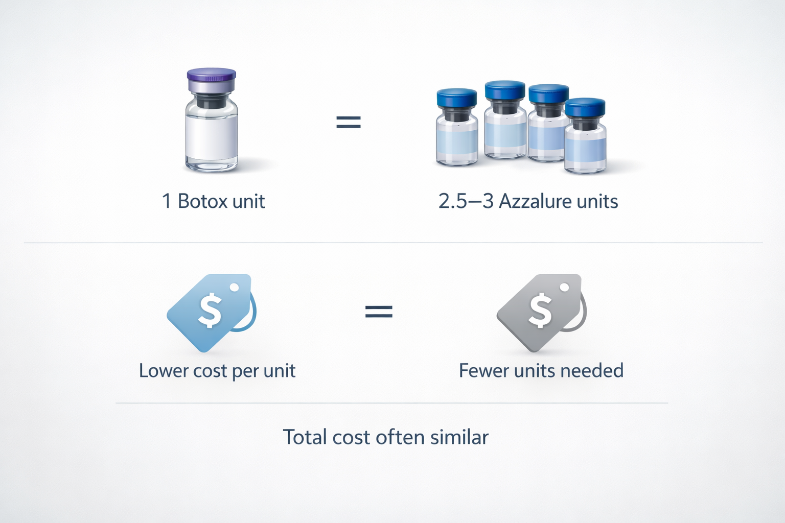 Infographic explaining Azzalure to Botox unit conversion ratio and how total treatment costs compare