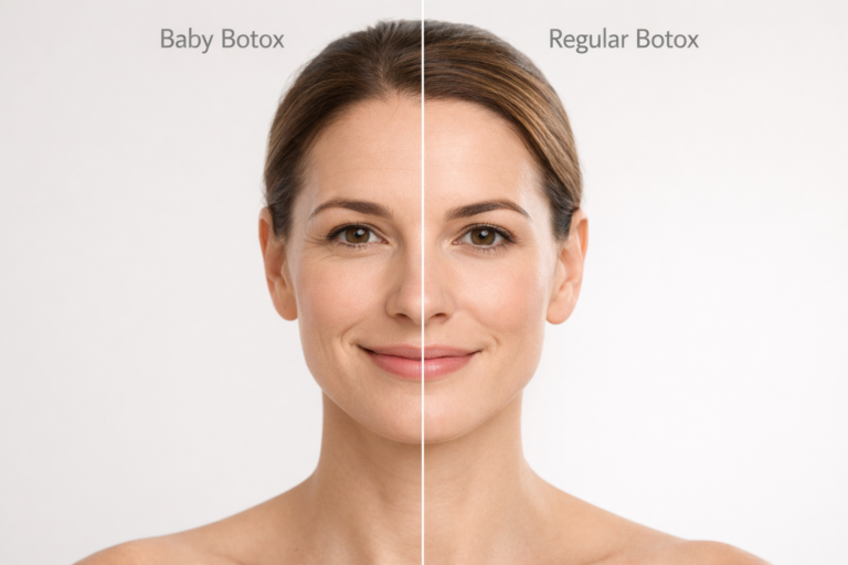 Baby Botox vs regular Botox comparison illustration showing subtle vs corrective treatment results