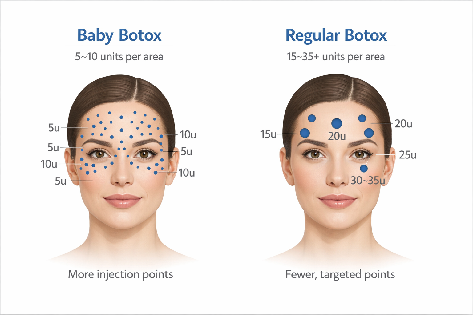 Infographic comparing baby Botox micro-dose injection points versus regular Botox standard dosage