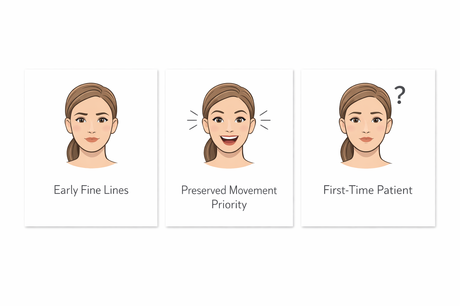 Fact cards showing ideal baby Botox candidates: early fine lines, preserved movement priority