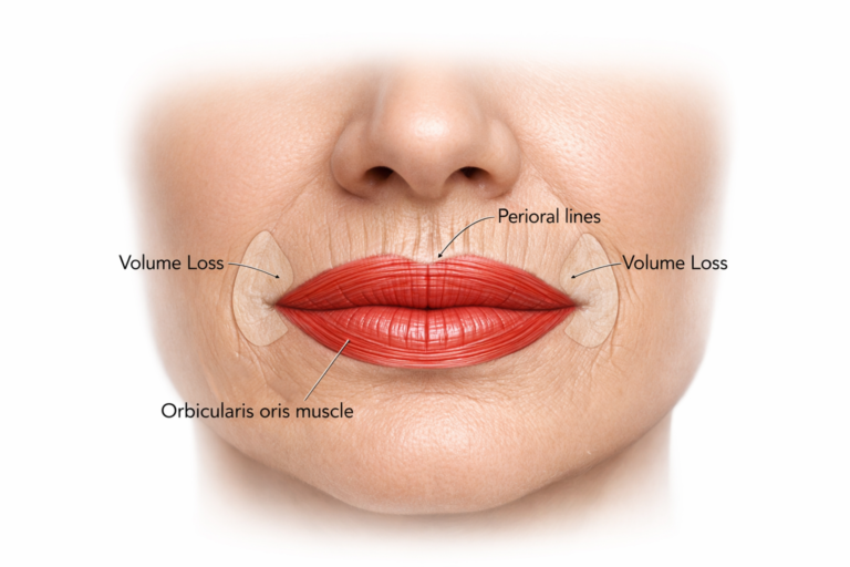 Medical illustration of upper lip lines showing orbicularis oris muscle and perioral ageing