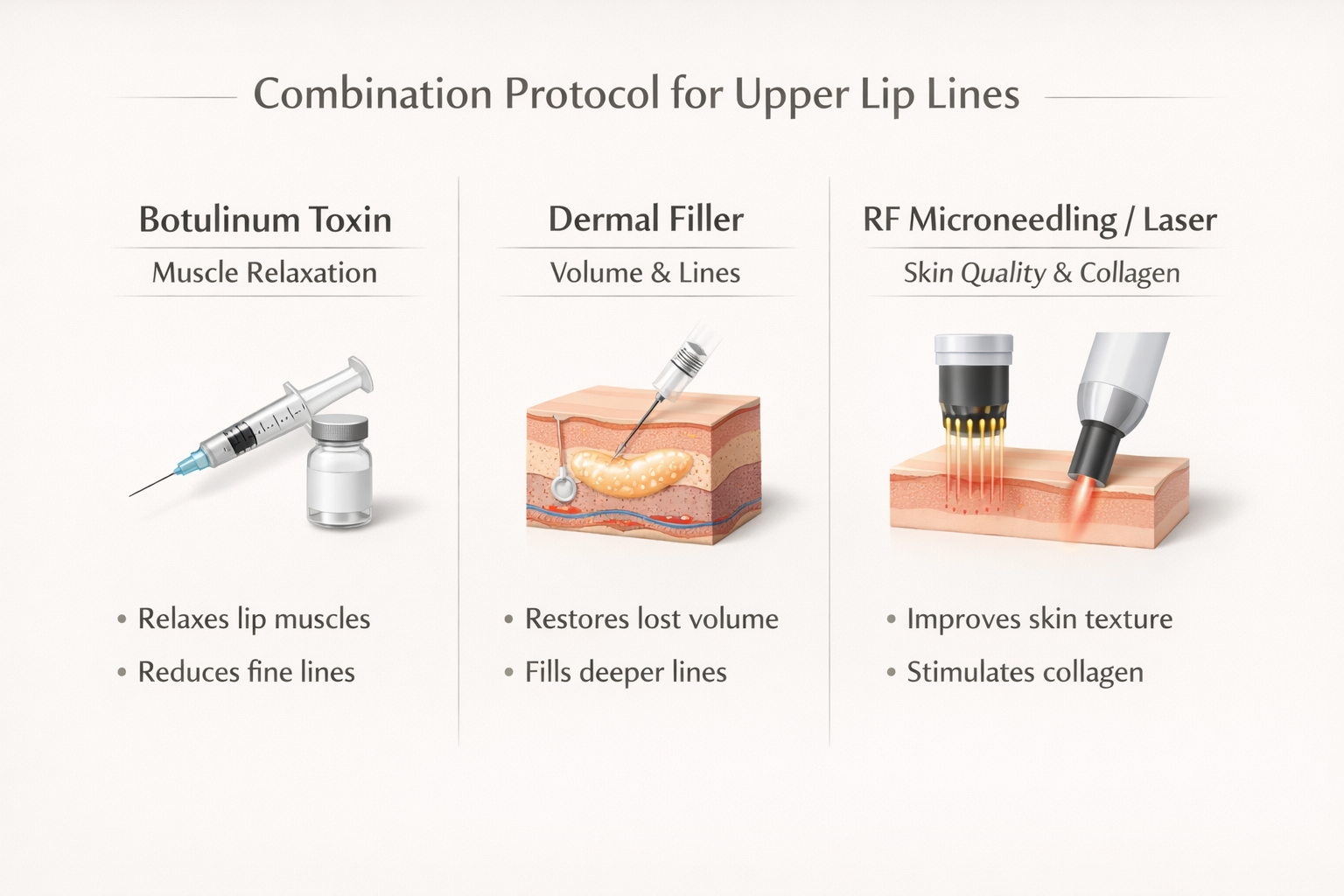Infographic showing combination treatment approach for upper lip lines using three modalities