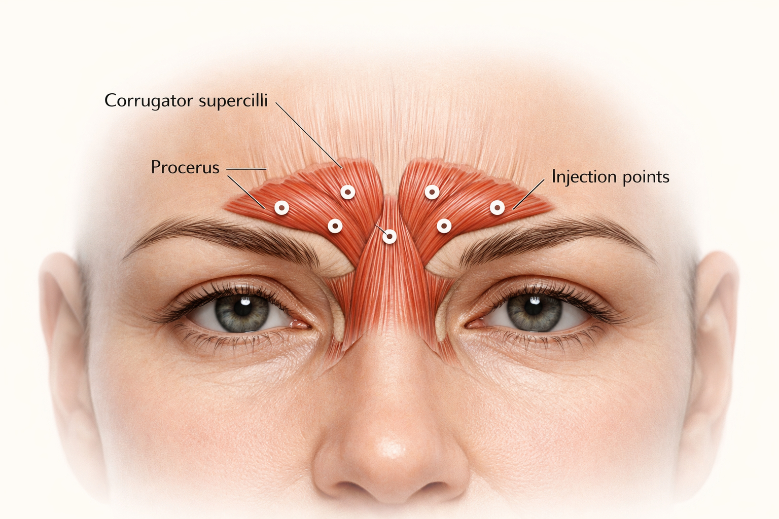 Anatomical illustration of corrugator and procerus muscles with botulinum toxin injection points