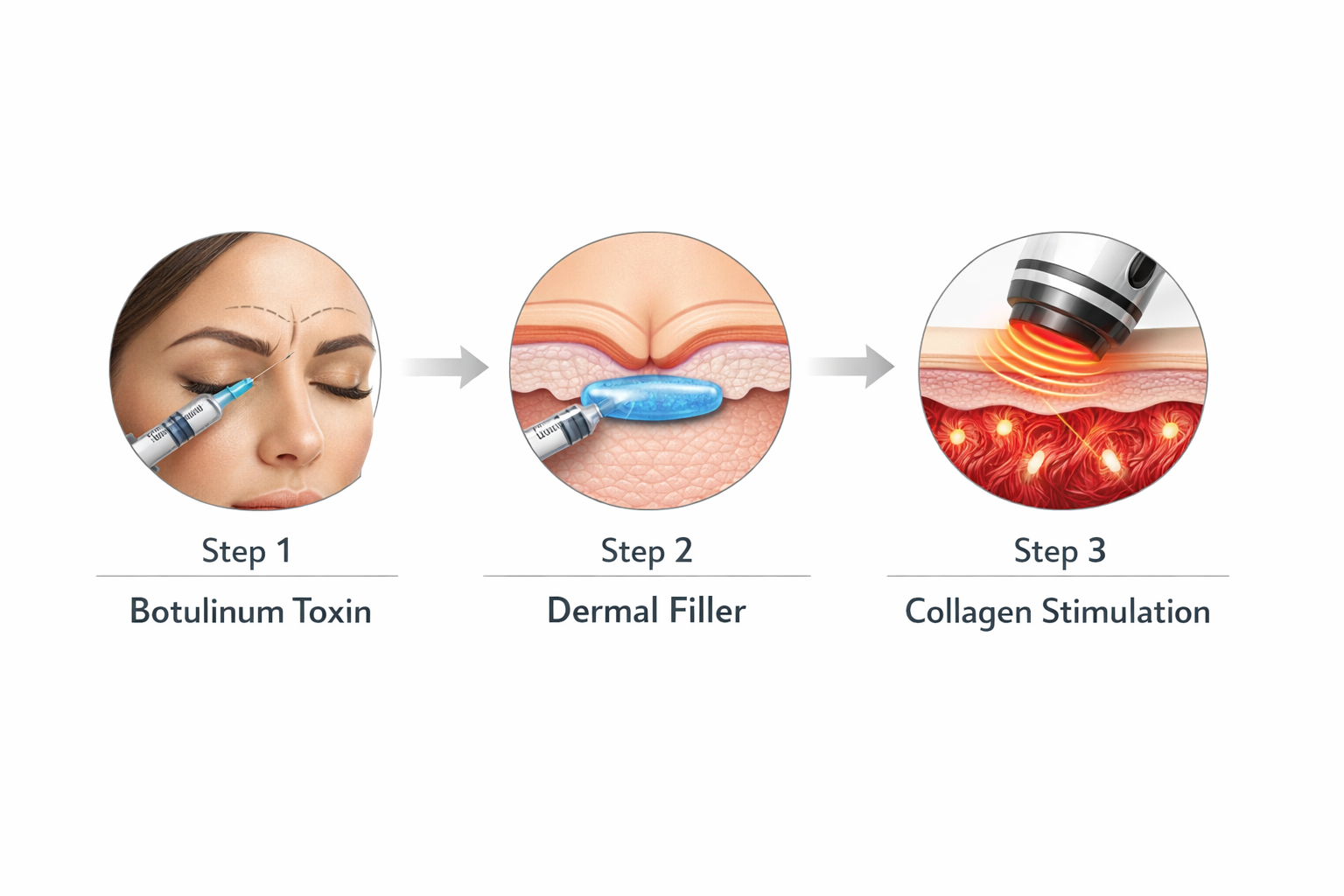 Infographic showing combination treatment plan for deep frown lines: botulinum toxin, filler, and