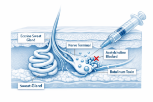 Illustration of botulinum toxin blocking acetylcholine at eccrine sweat gland nerve ending