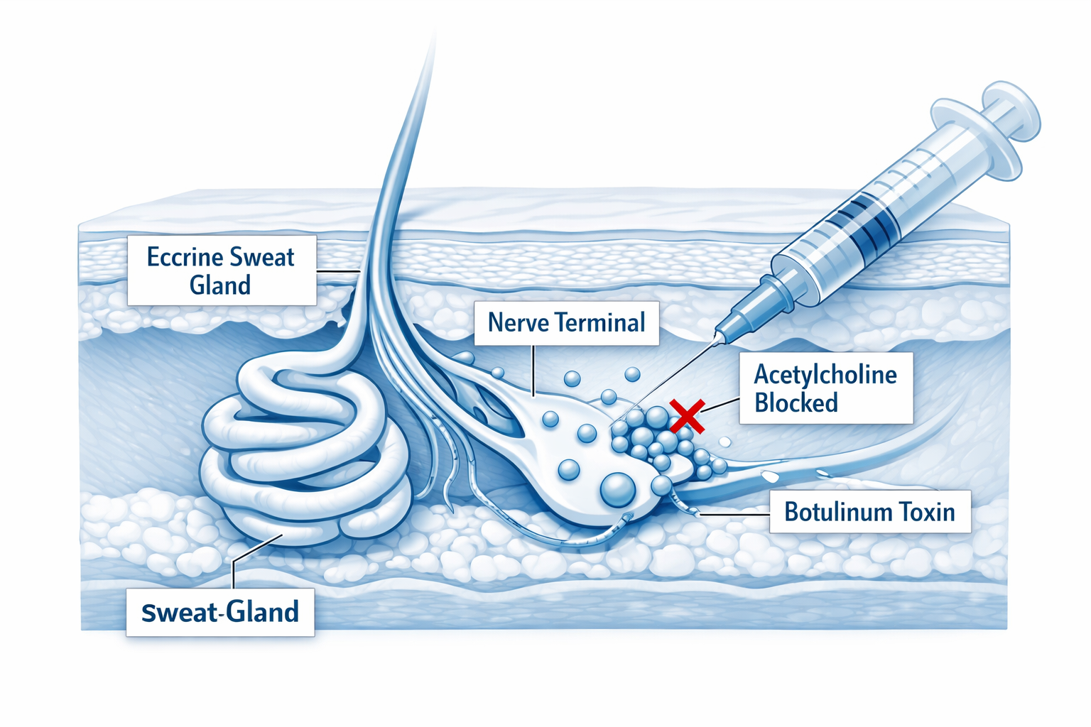 Illustration of botulinum toxin blocking acetylcholine at eccrine sweat gland nerve ending
