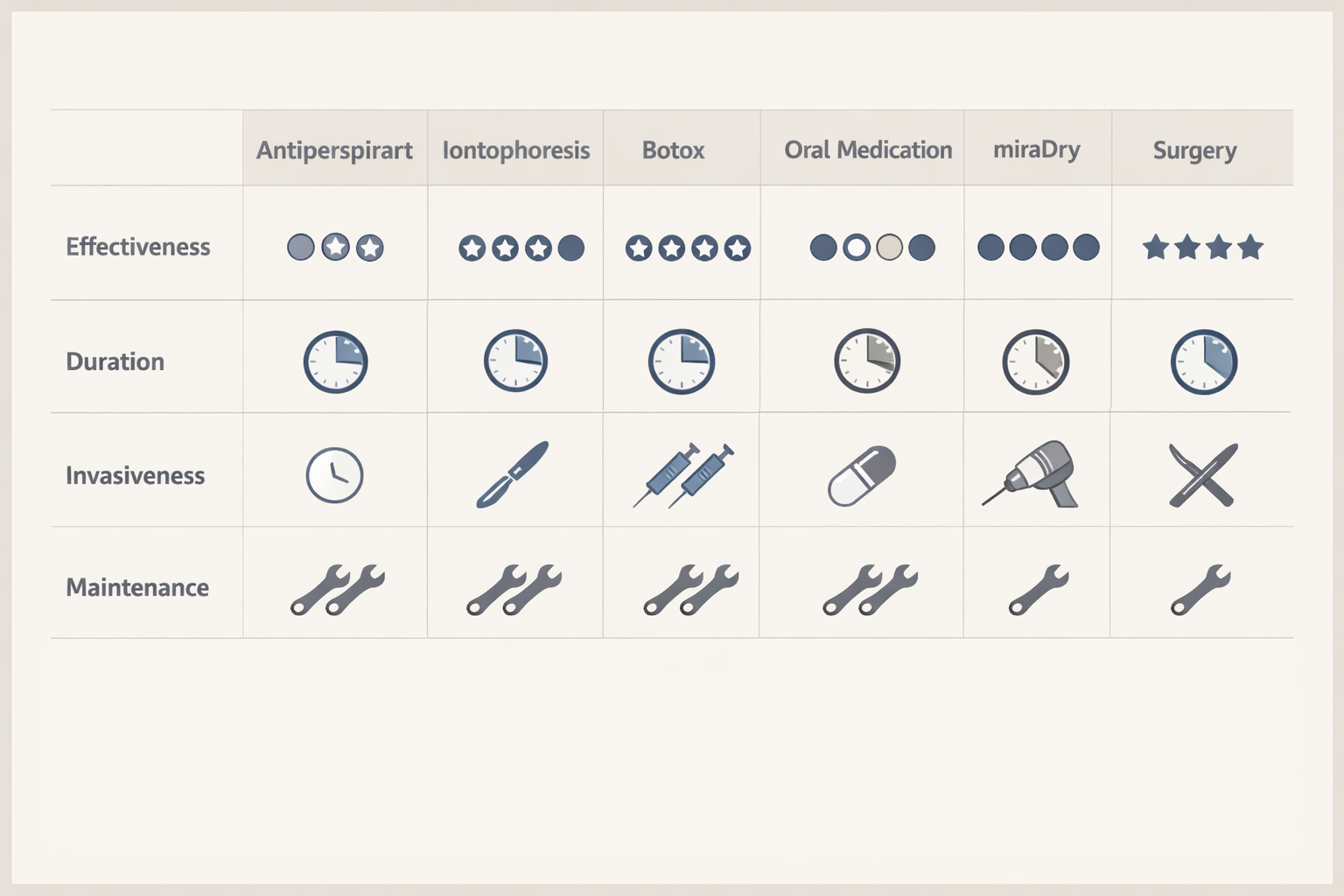 Comparison chart of hyperhidrosis treatments including Botox, miraDry, antiperspirant and surgery