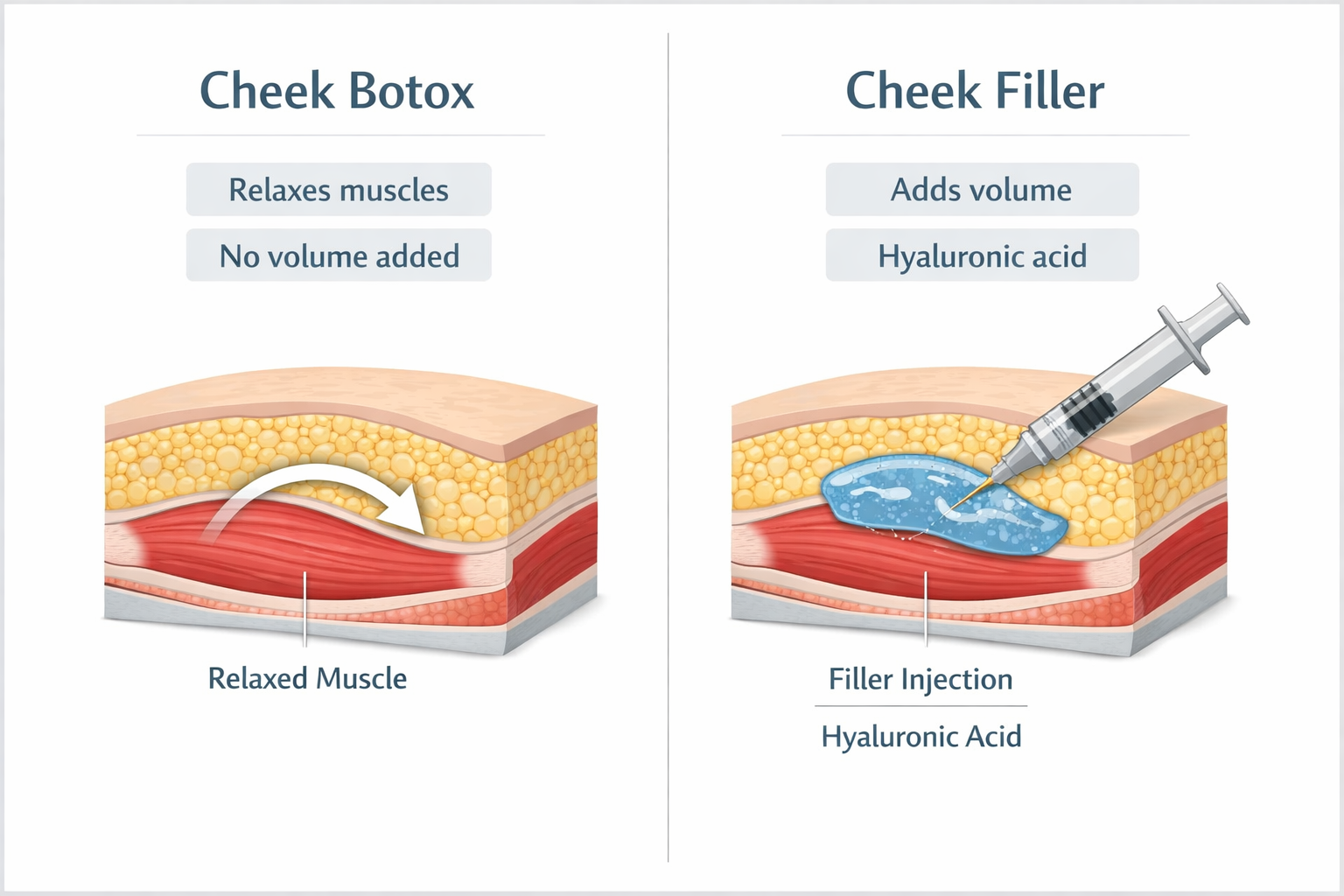 Comparison infographic showing Botox muscle relaxation versus dermal filler volume addition in