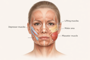 Facial muscle anatomy diagram showing cheek depressor and masseter muscles relevant to Botox