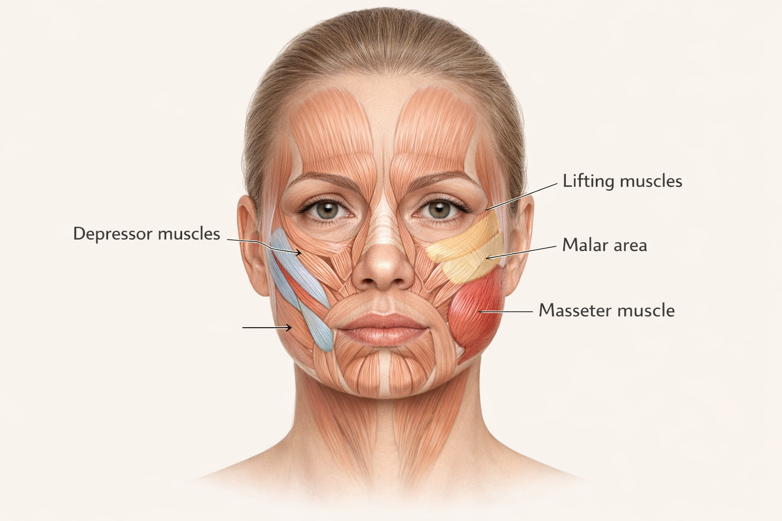 Facial muscle anatomy diagram showing cheek depressor and masseter muscles relevant to Botox