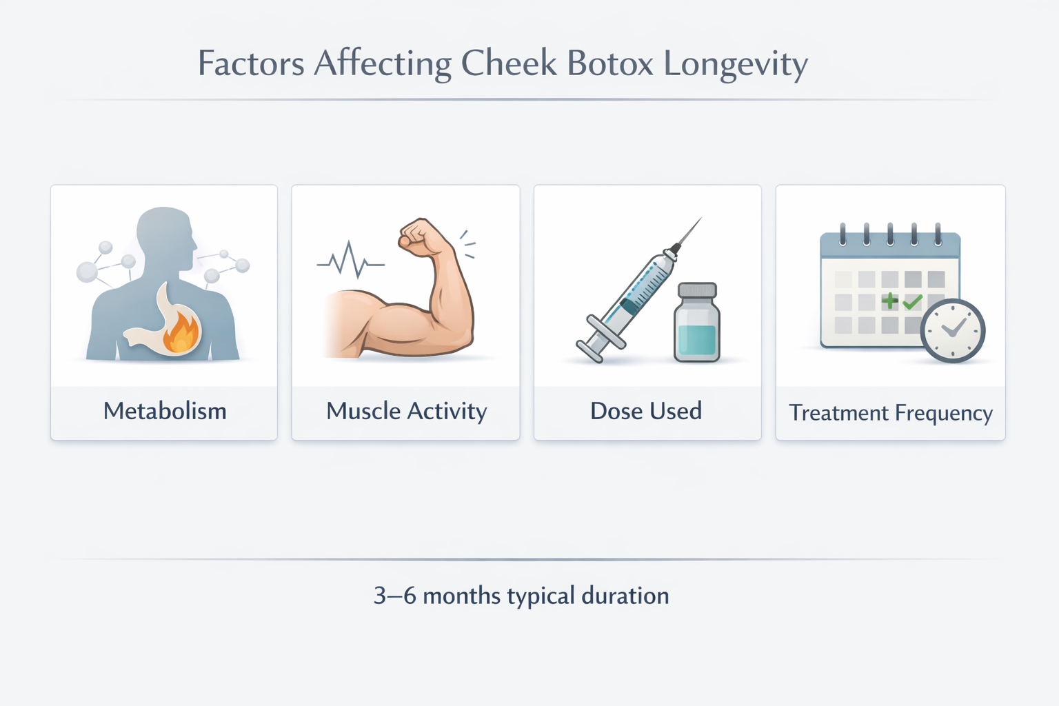 Infographic showing four factors that affect how long cheek Botox results last
