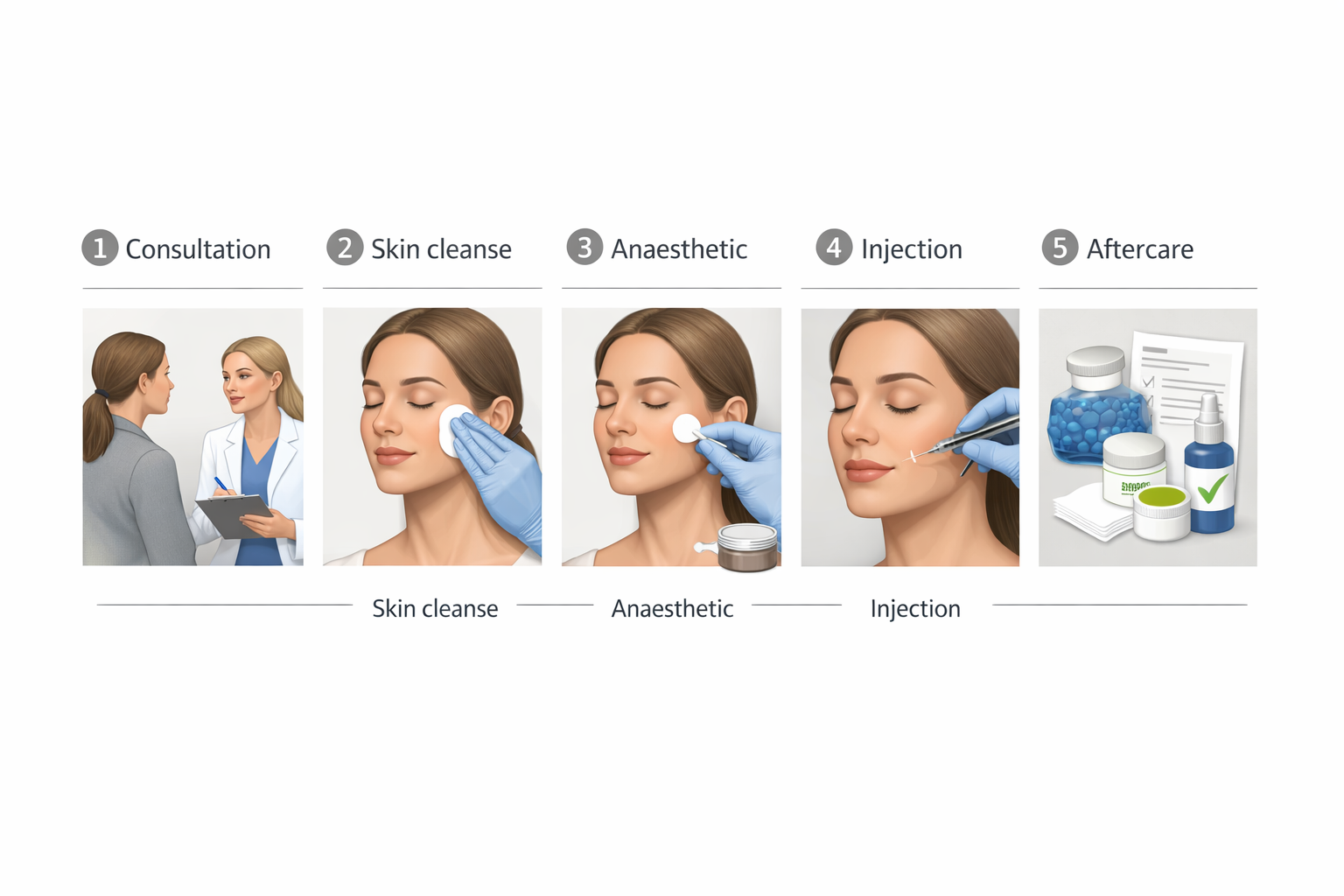 Step-by-step process diagram for a cheek Botox appointment from consultation to aftercare