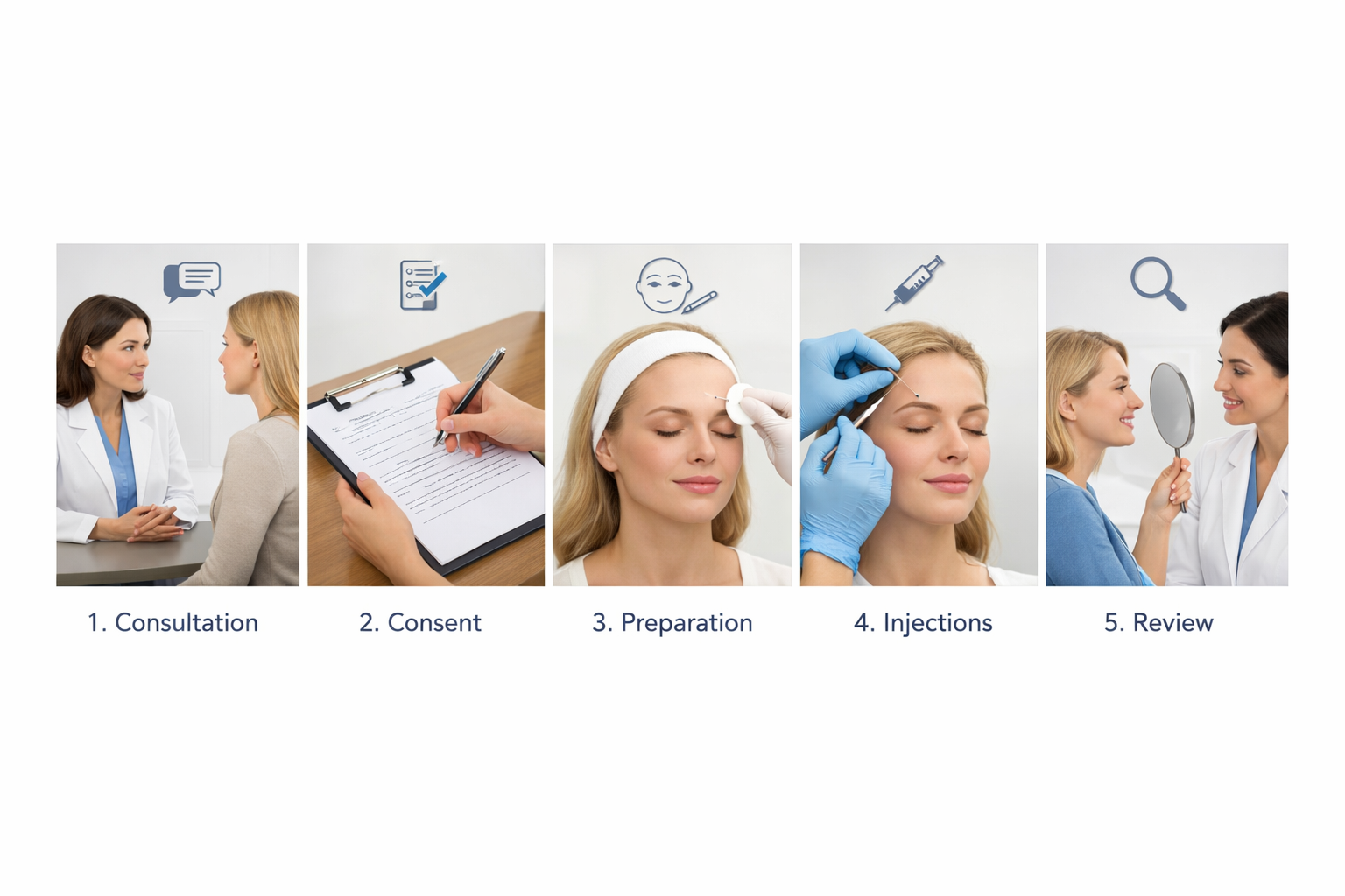 Five-step process diagram illustrating what happens during a Botox injections appointment