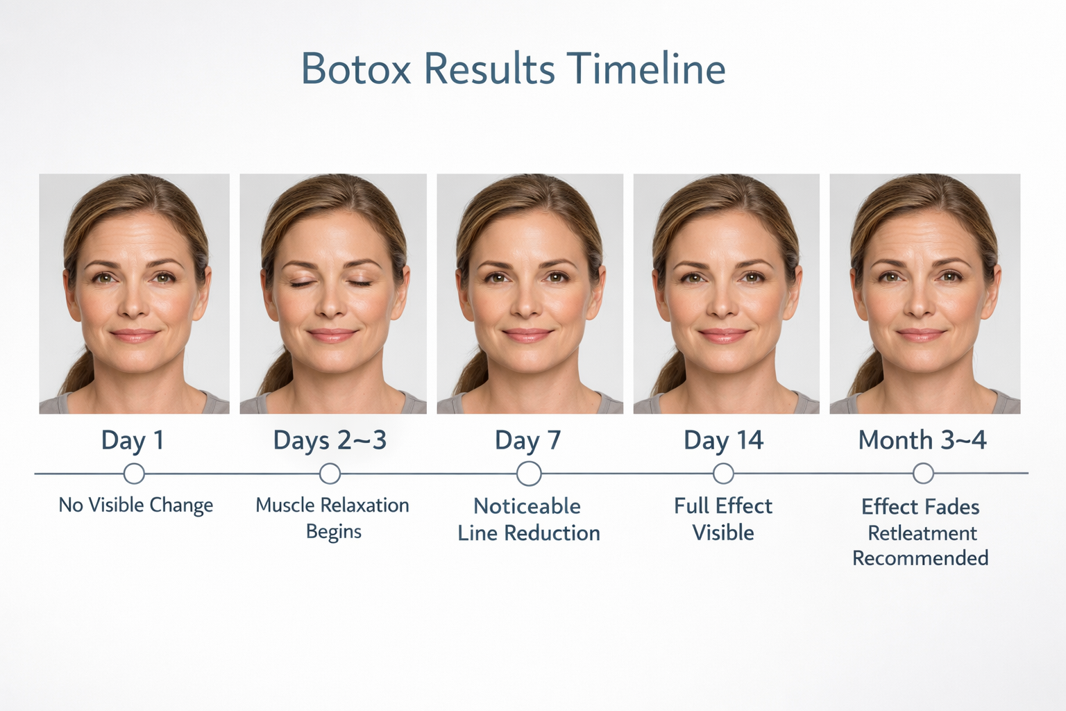 Botox results timeline from injection day to full effect at two weeks and duration of four months
