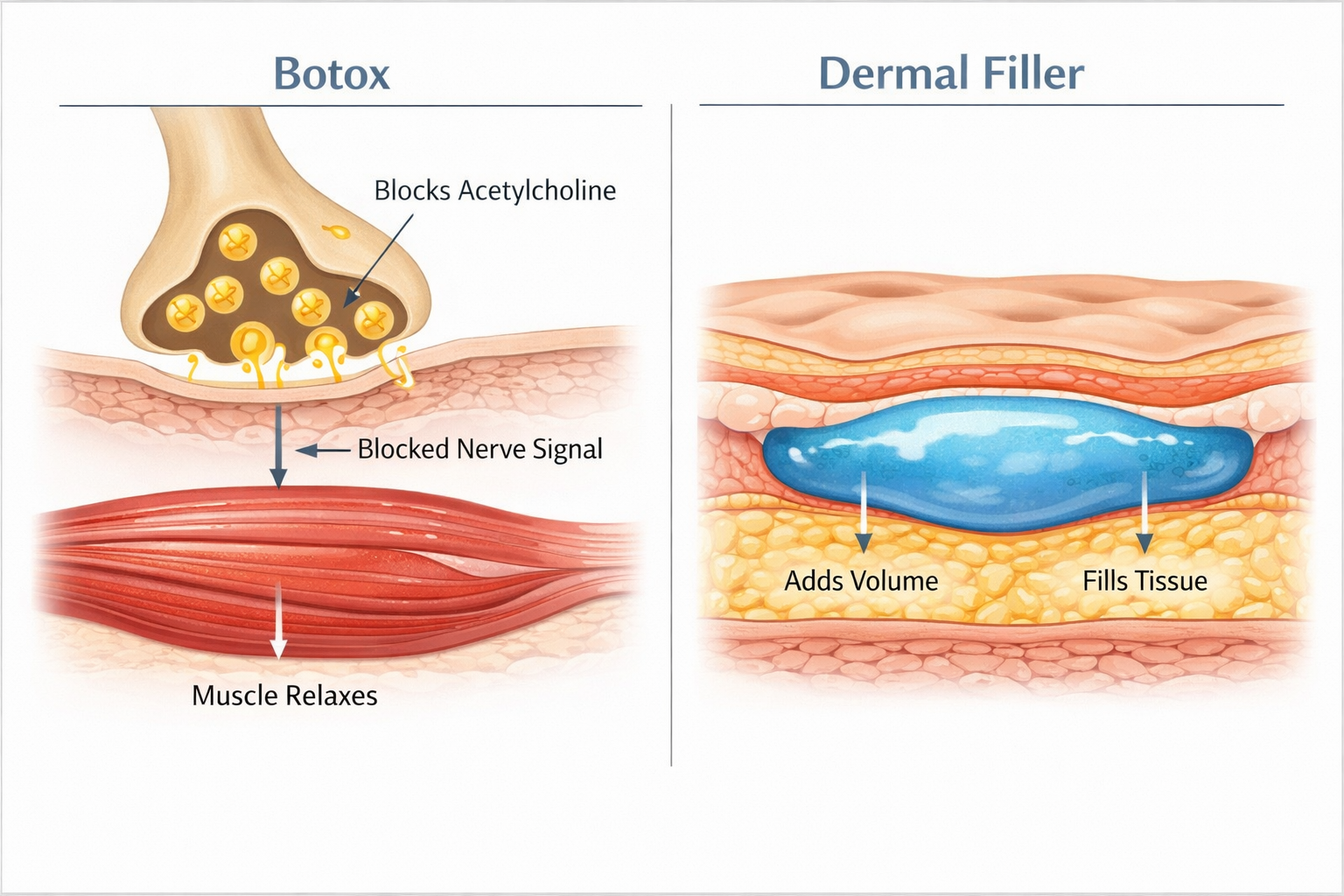 Comparison illustration showing how Botox relaxes muscles versus how dermal fillers add volume