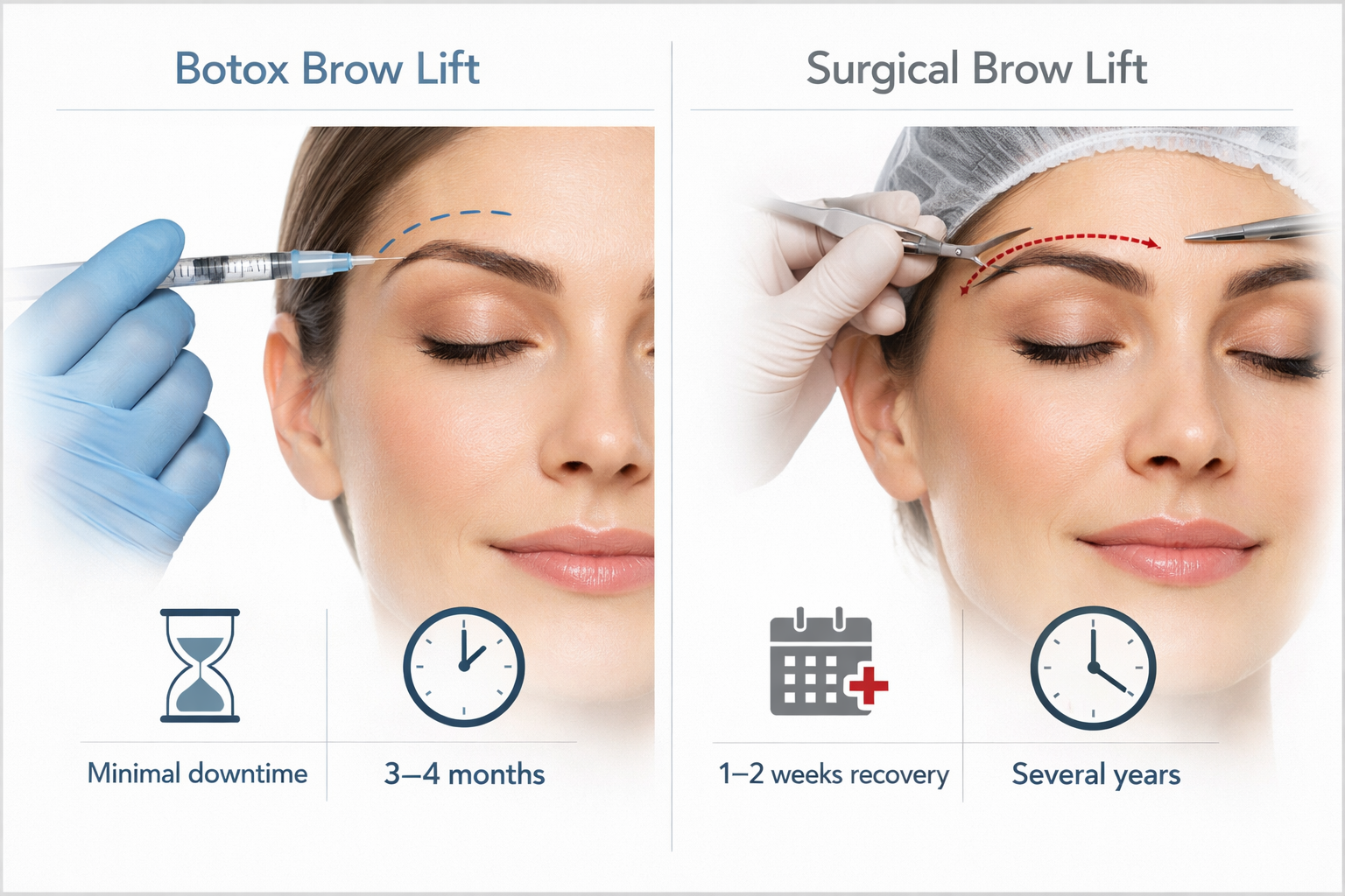 Side by side comparison of Botox brow lift versus surgical brow lift showing downtime and results