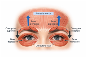 Facial muscle anatomy diagram showing frontalis, orbicularis oculi and corrugator supercilii for