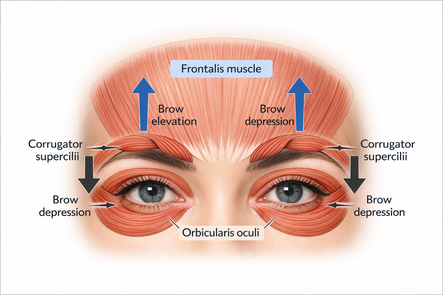 Facial muscle anatomy diagram showing frontalis, orbicularis oculi and corrugator supercilii for