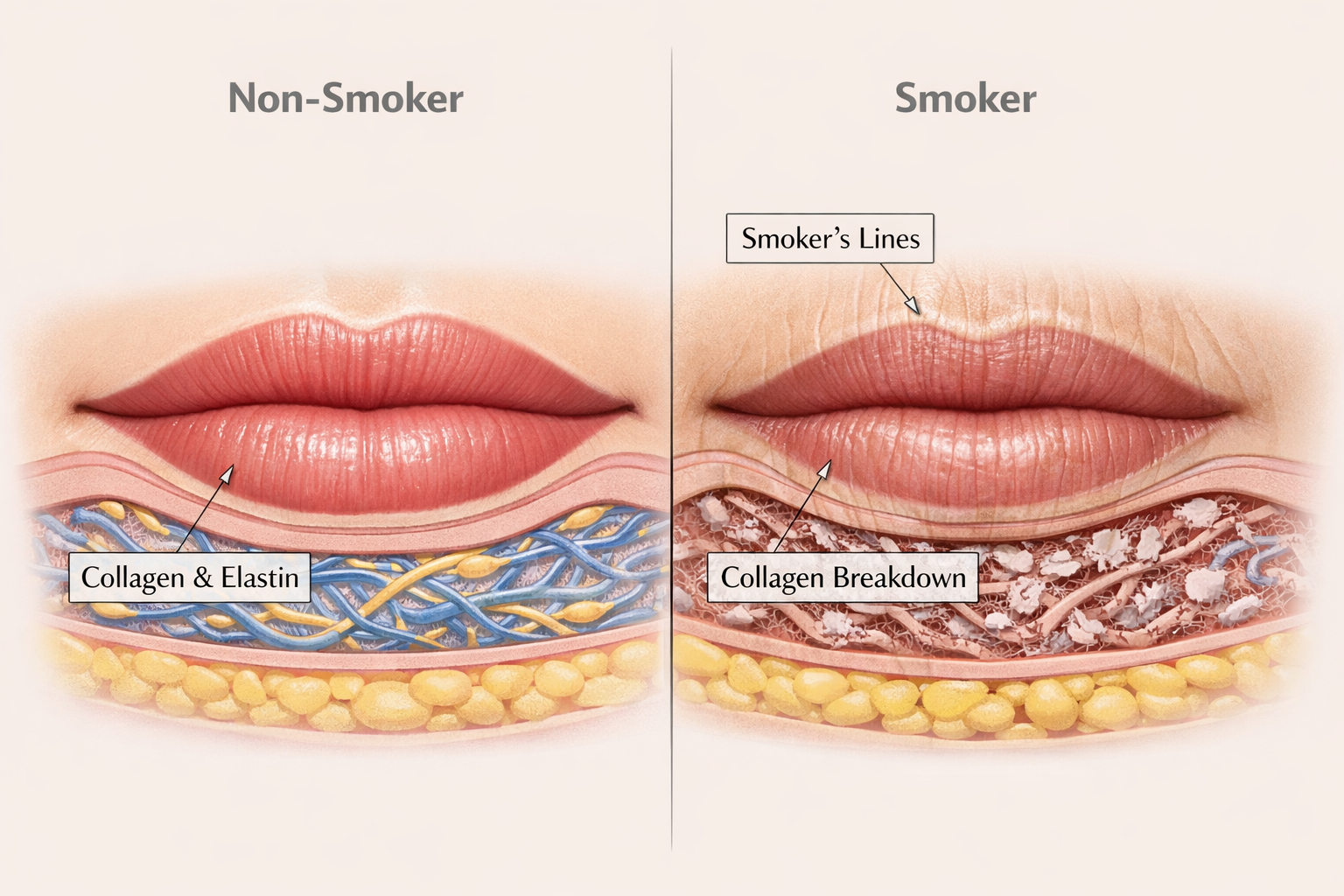 Illustration comparing long-term lip filler results in a non-smoker versus a smoker showing