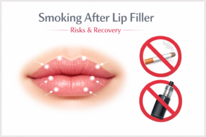 Illustration of lip filler injection sites with a crossed-out cigarette showing smoking risks