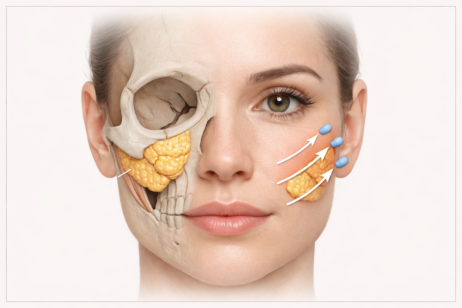 Diagram showing cheek lift filler injection points in the mid-face and malar region
