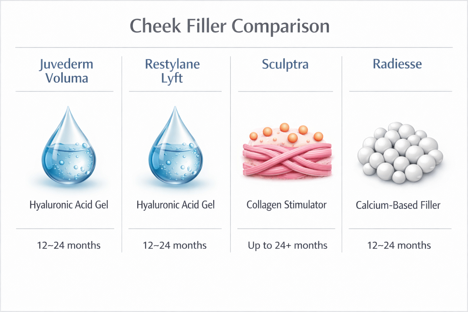 Comparison of cheek filler types including Juvederm Voluma, Restylane Lyft, Sculptra, and Radiesse