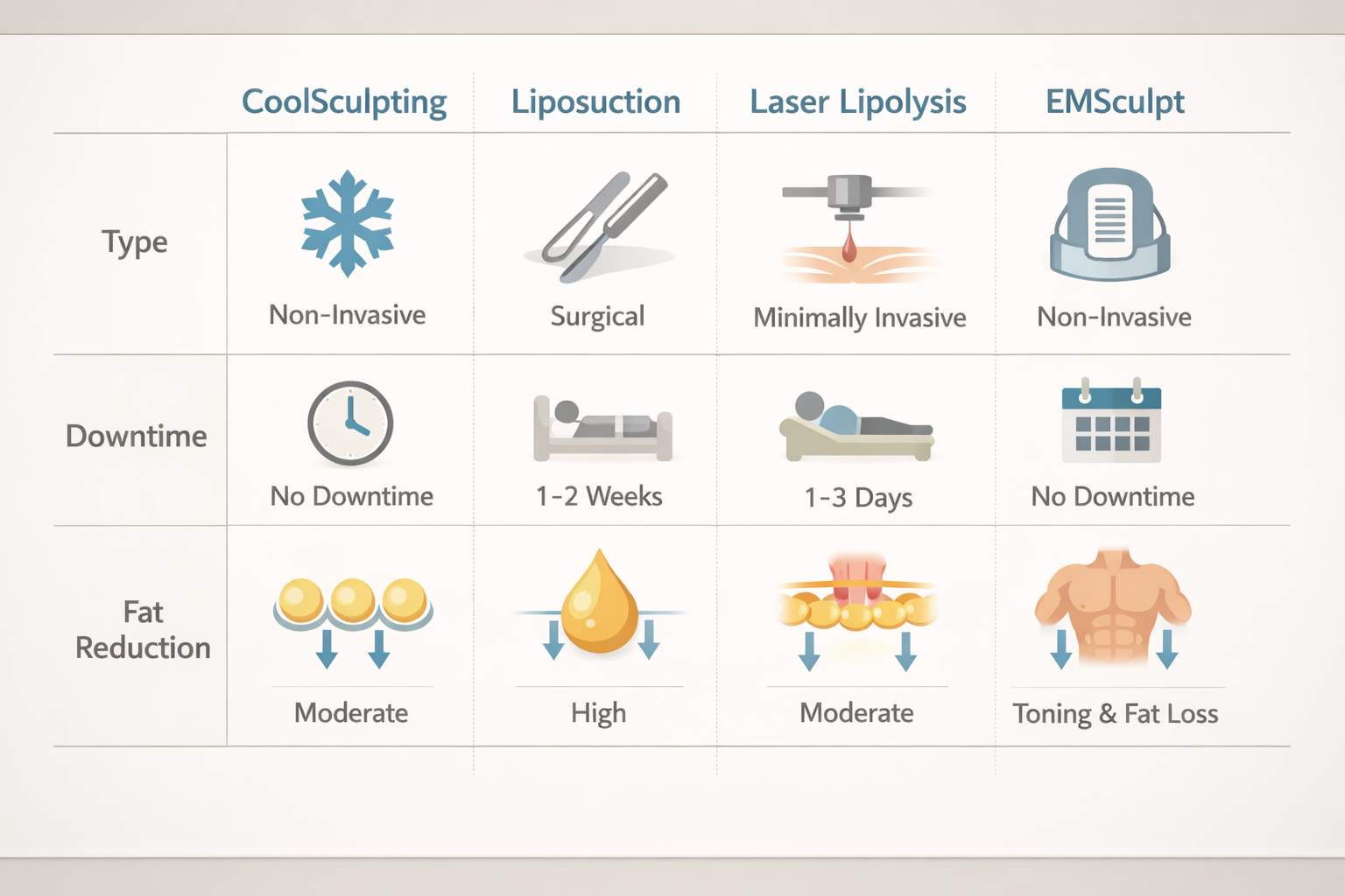 Comparison chart of CoolSculpting versus liposuction, laser lipolysis and EMSculpt for love handles