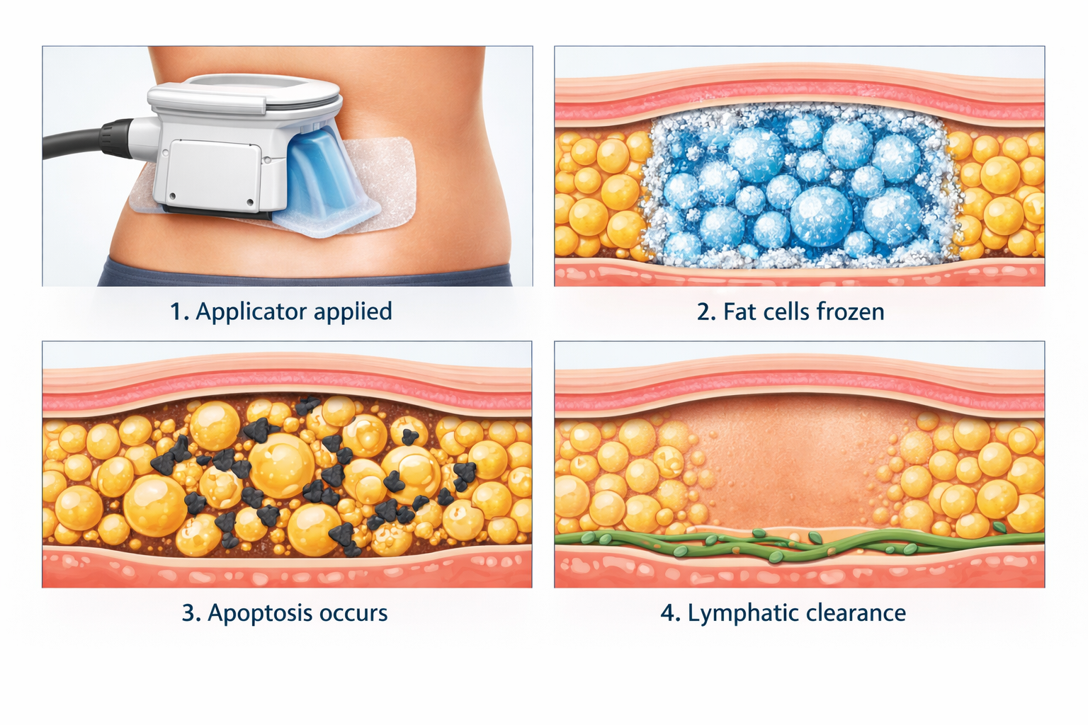 Step-by-step diagram of the cryolipolysis fat-freezing process for love handle treatment