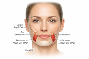 Anatomical illustration of the depressor anguli oris DAO muscle and surrounding lower face muscles