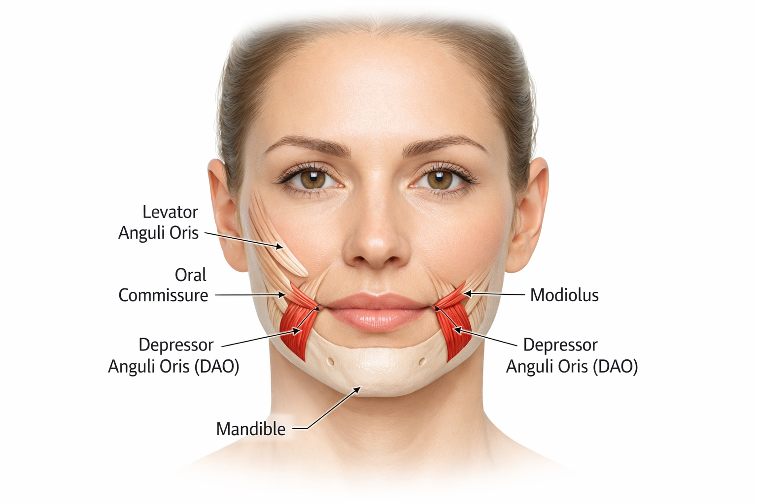 Anatomical illustration of the depressor anguli oris DAO muscle and surrounding lower face muscles