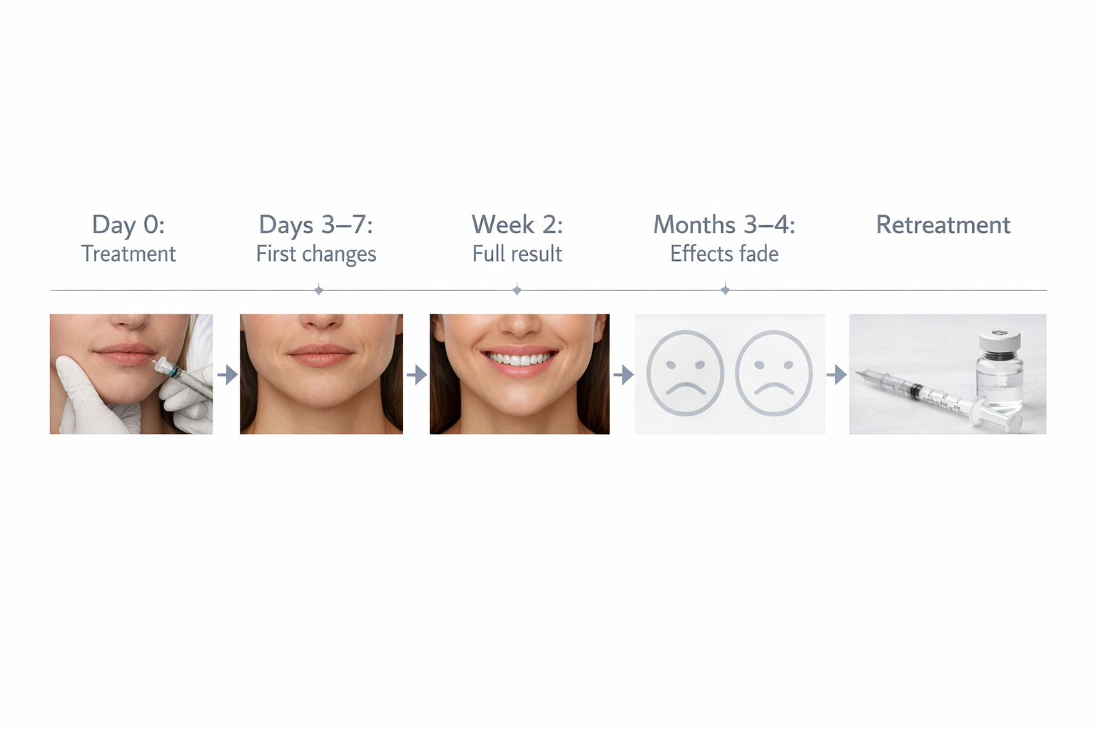 Timeline infographic showing DAO Botox results from treatment day to 3 to 4 month duration