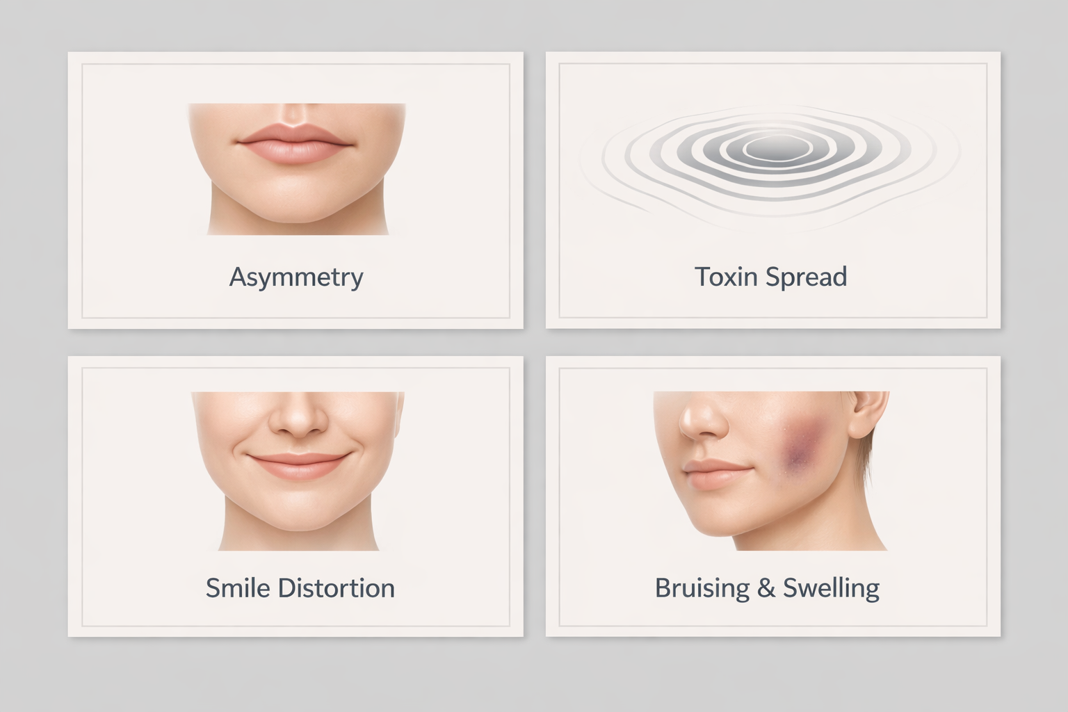 Fact cards showing four main risks of DAO Botox including asymmetry toxin spread and smile