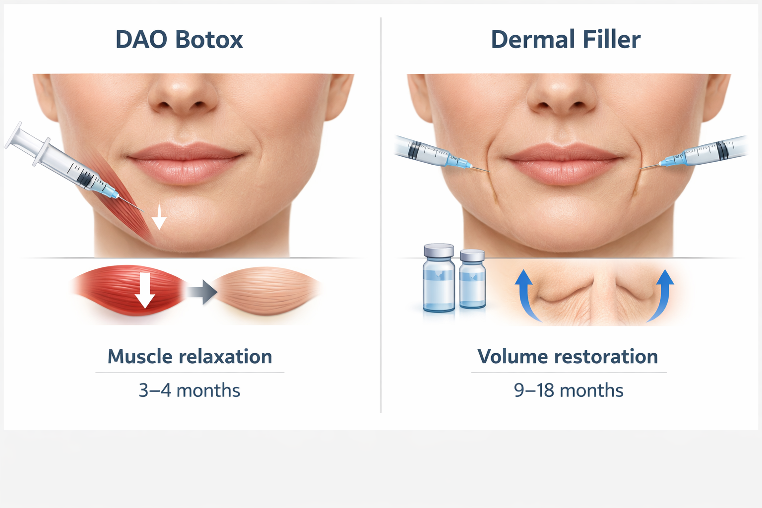 Comparison infographic showing DAO Botox versus dermal filler for downturned mouth treatment