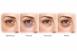 Four types of dark circles under eyes: pigmentary, vascular, structural and mixed illustrated