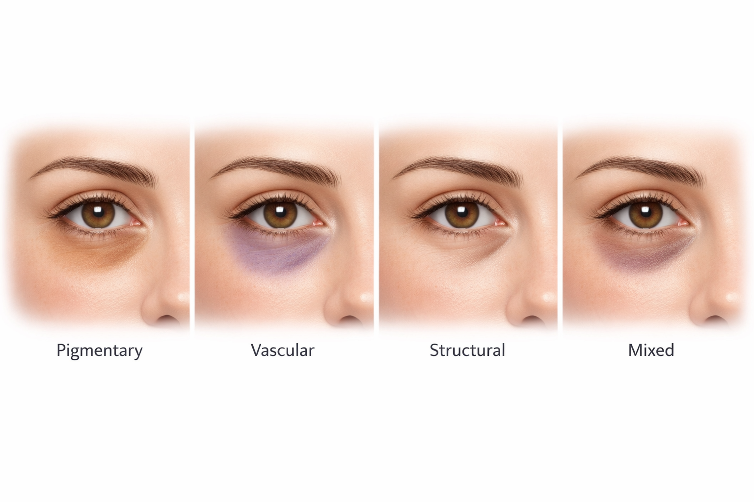 Four types of dark circles under eyes: pigmentary, vascular, structural and mixed illustrated