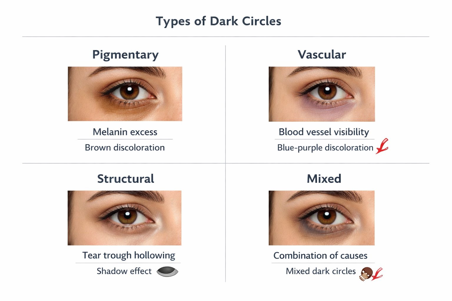 Infographic comparing four types of dark circles: pigmentary, vascular, structural and mixed