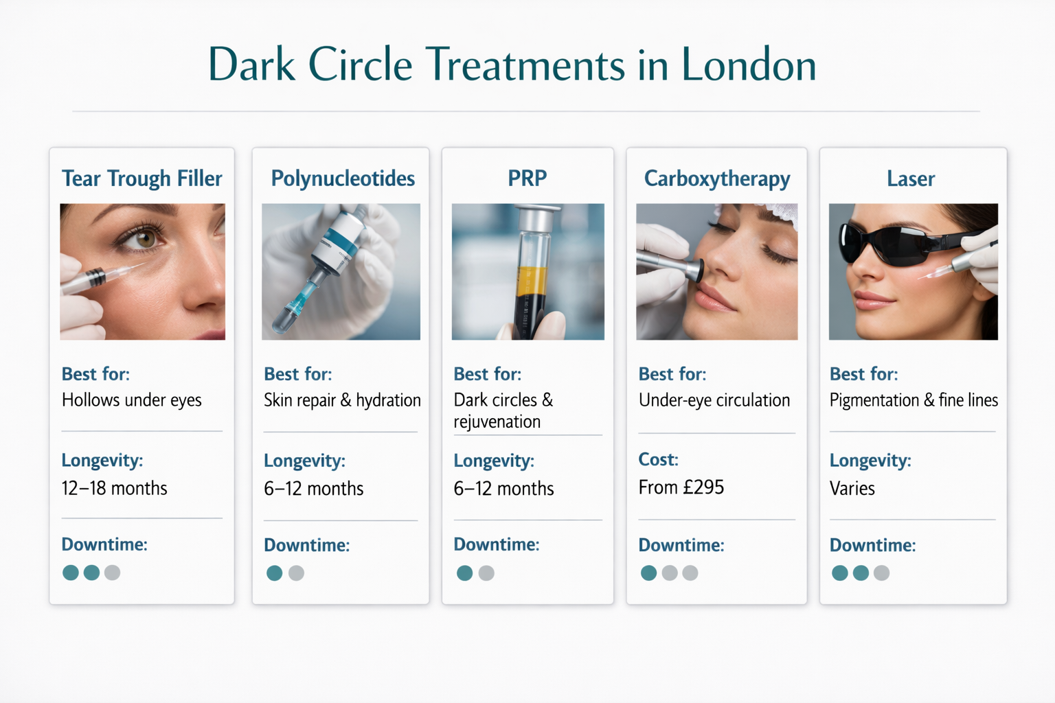 Comparison of London dark circle treatments including filler, polynucleotides, PRP and
