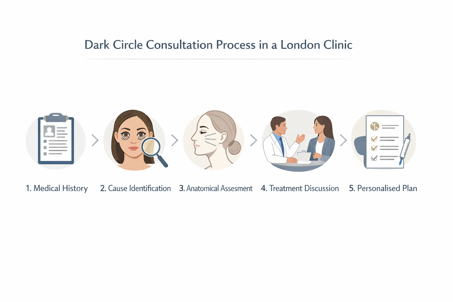 Five steps of a dark circle consultation at a London aesthetic clinic