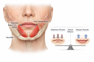 Anatomical illustration of the depressor anguli oris DAO muscle and oral commissures in the lower