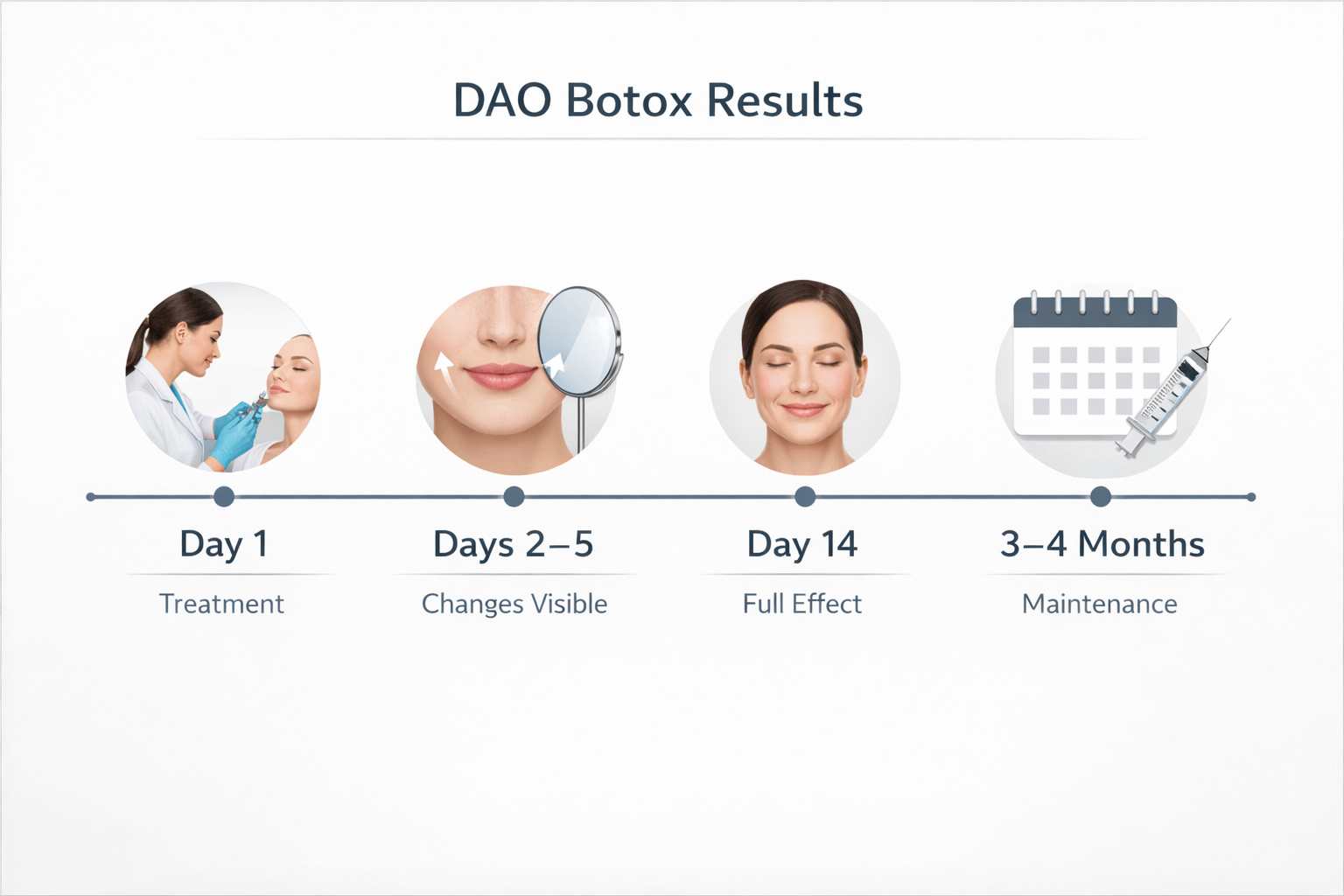 Timeline infographic showing DAO Botox results from treatment day to four month maintenance