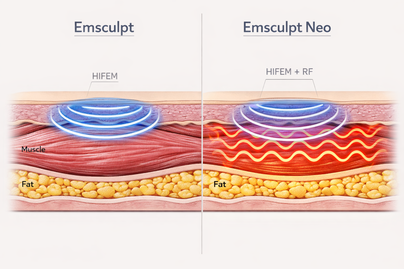 Emsculpt vs Emsculpt Neo technology comparison diagram showing HIFEM and RF energy layers